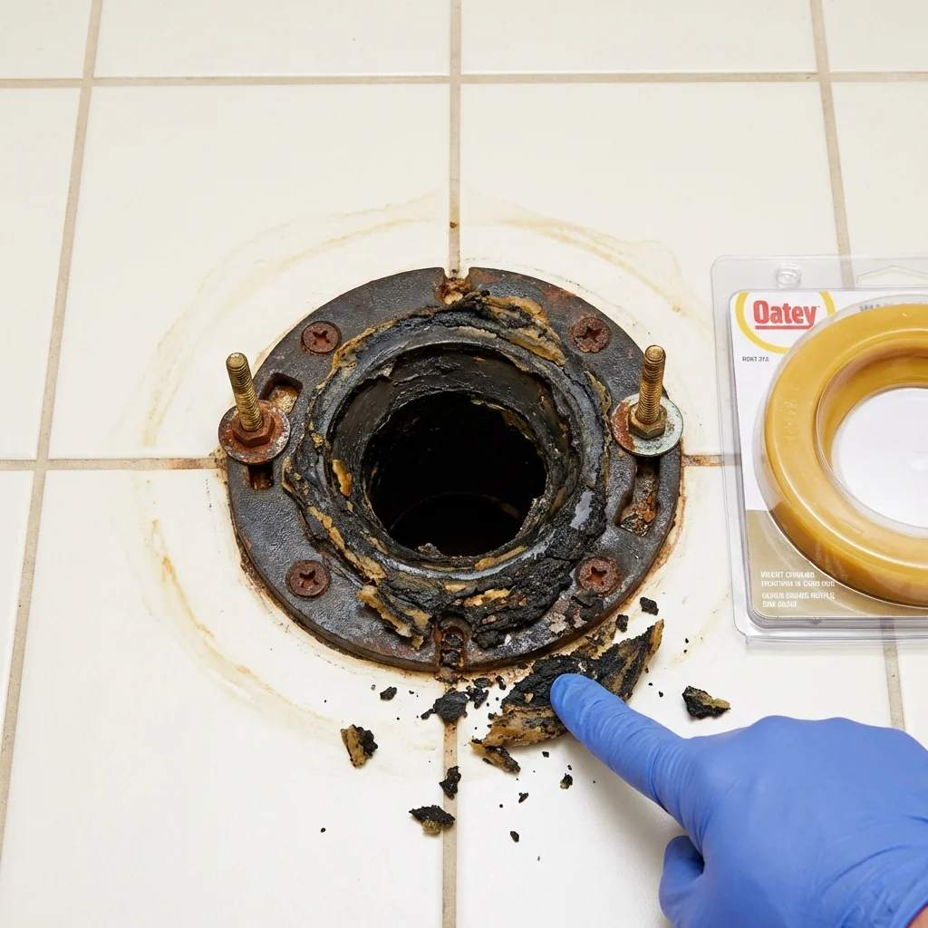 Failed wax ring showing water seepage at the base of a toilet in a Ray City, GA home