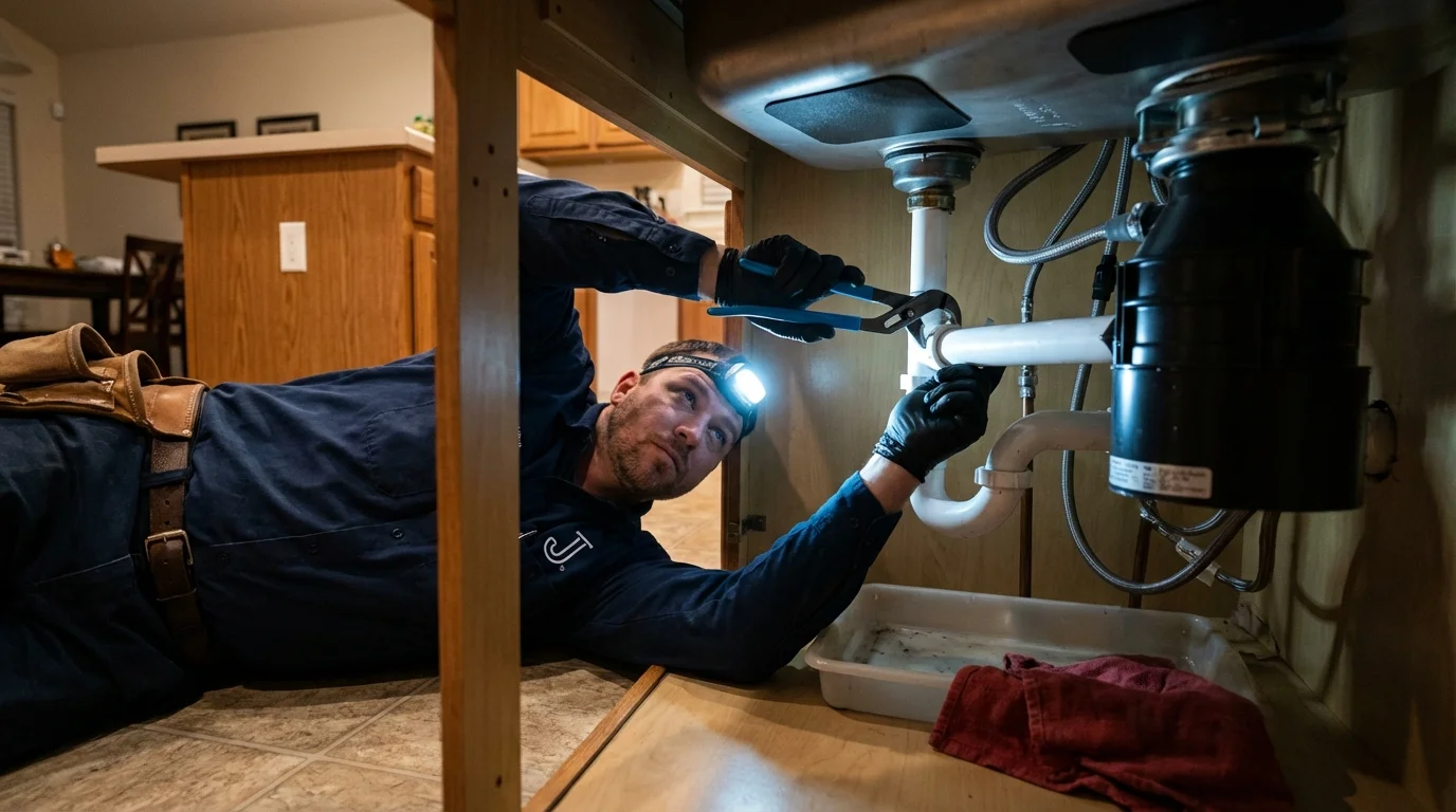 P-trap and supply line connections under a kitchen sink showing a common leak point in Ray City, GA